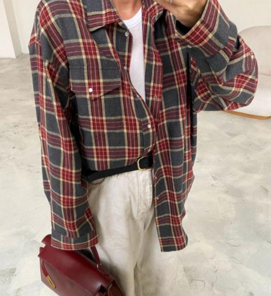 Red & Grey Lightweight Flannel Button Up | Small (fits bigger)