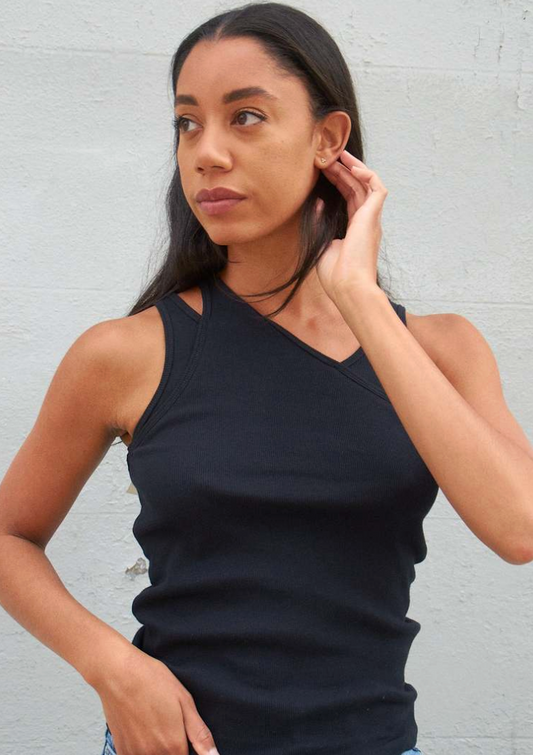 Yaya Women's Faux Layered Ribbed Black Tank | Sz Small (J49L9)