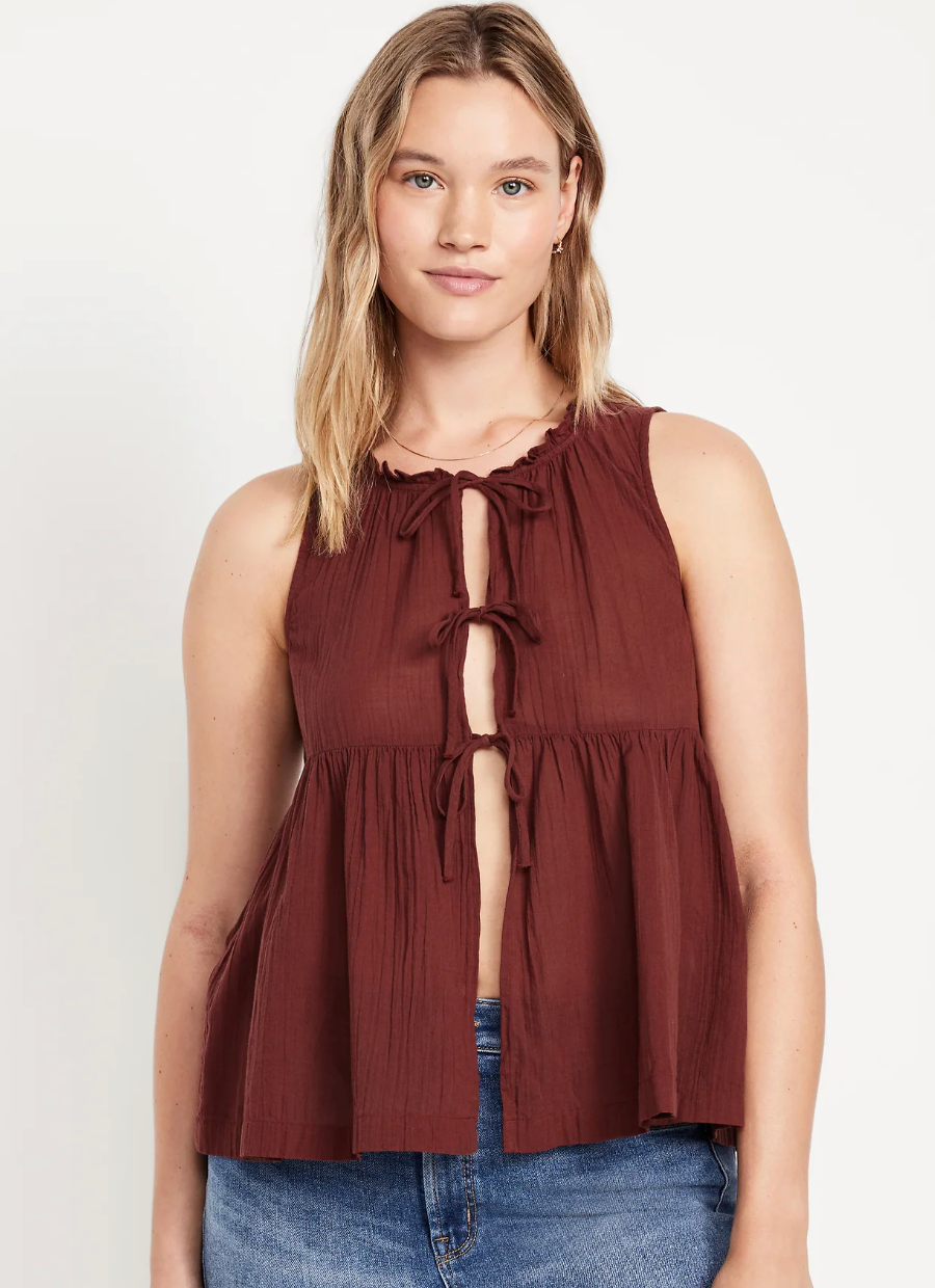 Old Navy Crinkle Gauze Tie-Front Blouse | Small (relaxed fit)(J61BC5)