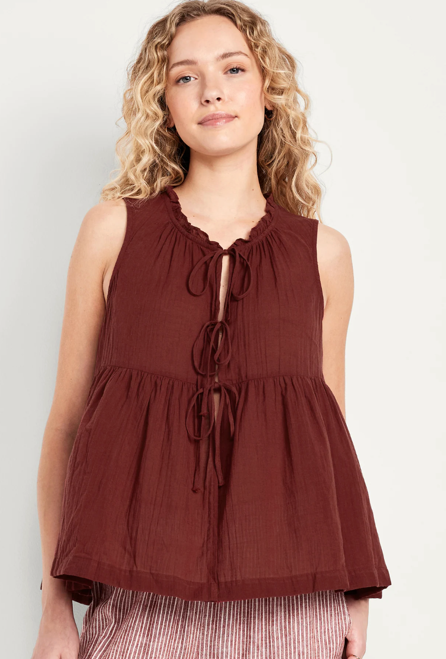 Old Navy Crinkle Gauze Tie-Front Blouse | Small (relaxed fit)(J61BC5)
