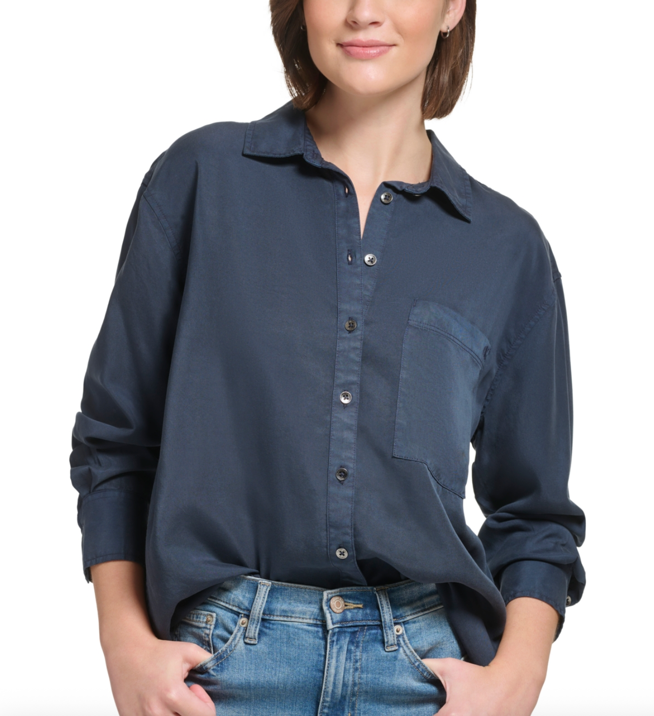 Calvin Klein Navy New* Button Up Lyocell Top | Sz Medium (J125E13)