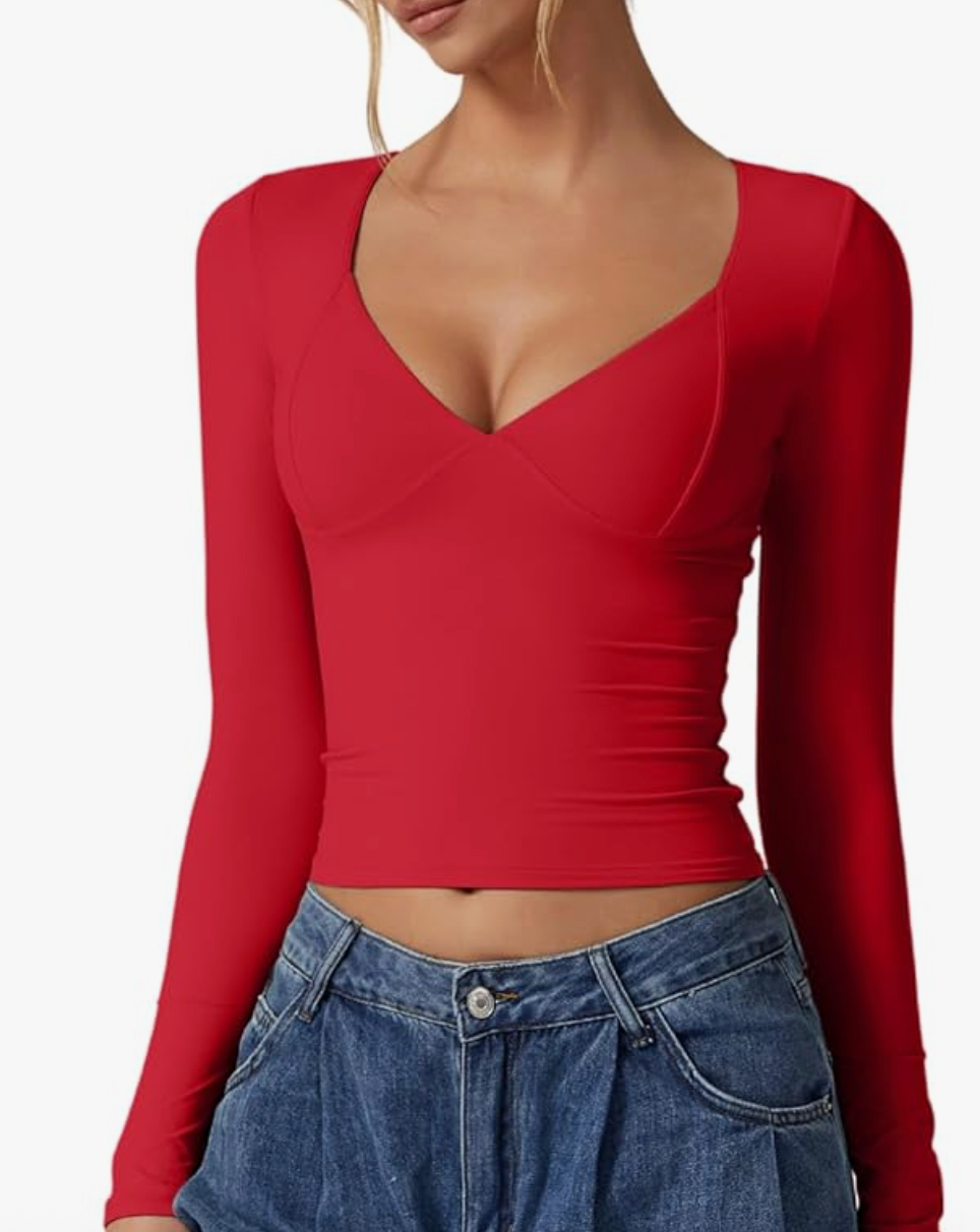 Qinsen Red Corset Double Lined Long Sleeve Top | Sz Small (F105LP2)