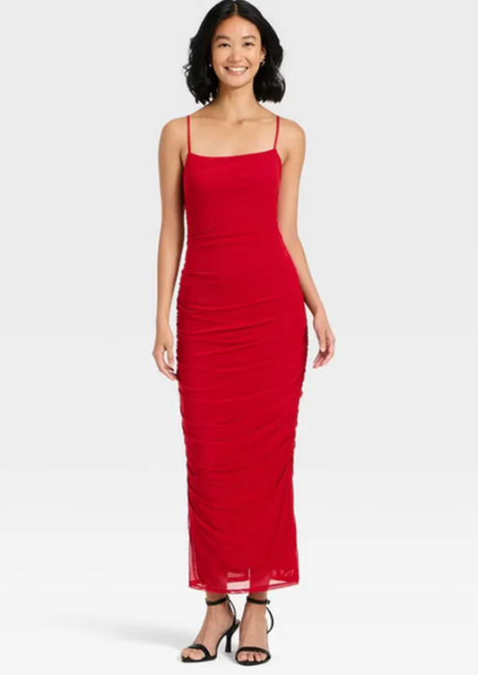 A New Day Red Ruched Midi Slip Dress NWT | Sz Small (M171K6)