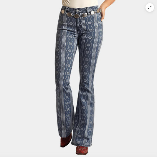 Rock & Roll Denim Indigo Aztec Flare Jean | Sz 25 (34" long)(M66A4)
