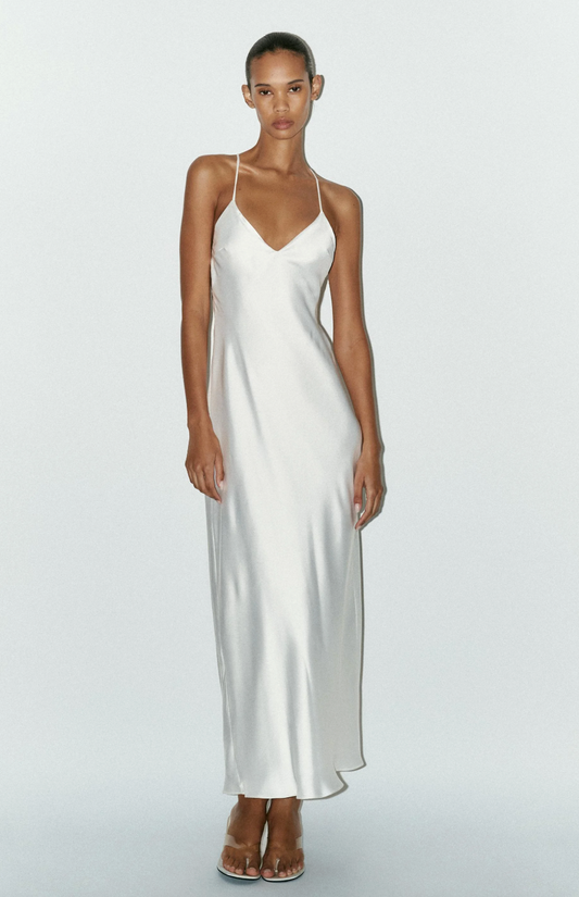 Zara White Satin Strappy Back Slip Dress | Sz Large (may fit smaller)