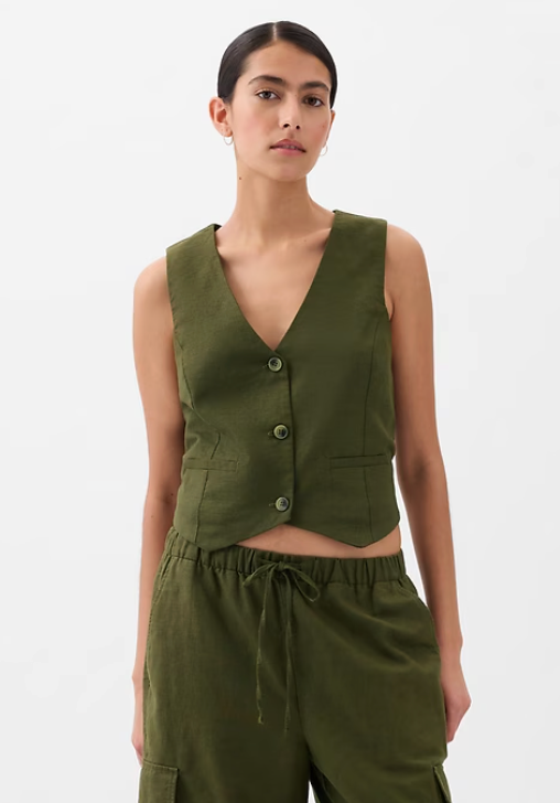Gap Dark Green Linen-Cotton Vest | Sz Large