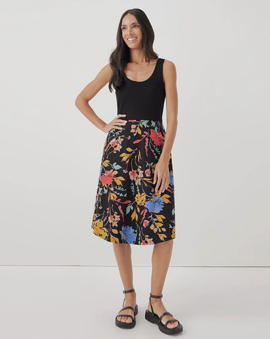 Pact Organic Cotton Black Floral Tie Back Dress | Sz Medium