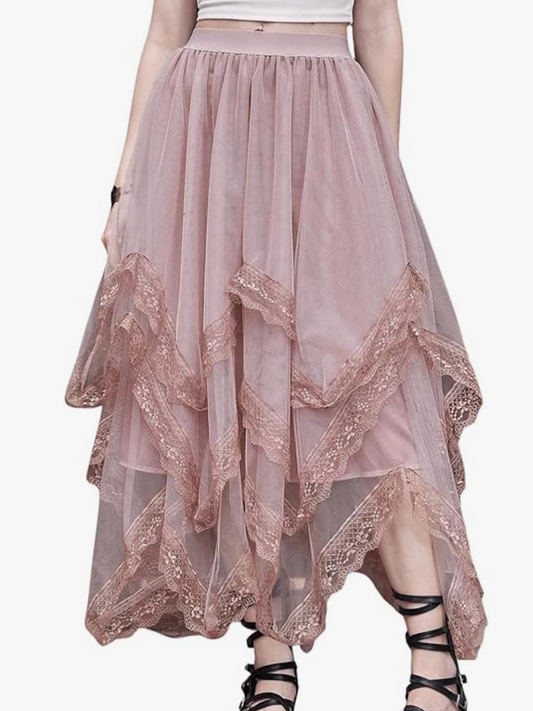 Romwe Tiered Tulle & Lace Skirt in Blush Pink | Sz Large (8/10)