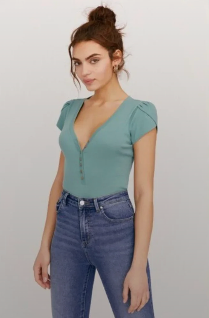 Free People Mia V-Neck Tulip Sleeve Bodysuit  | Sz XS