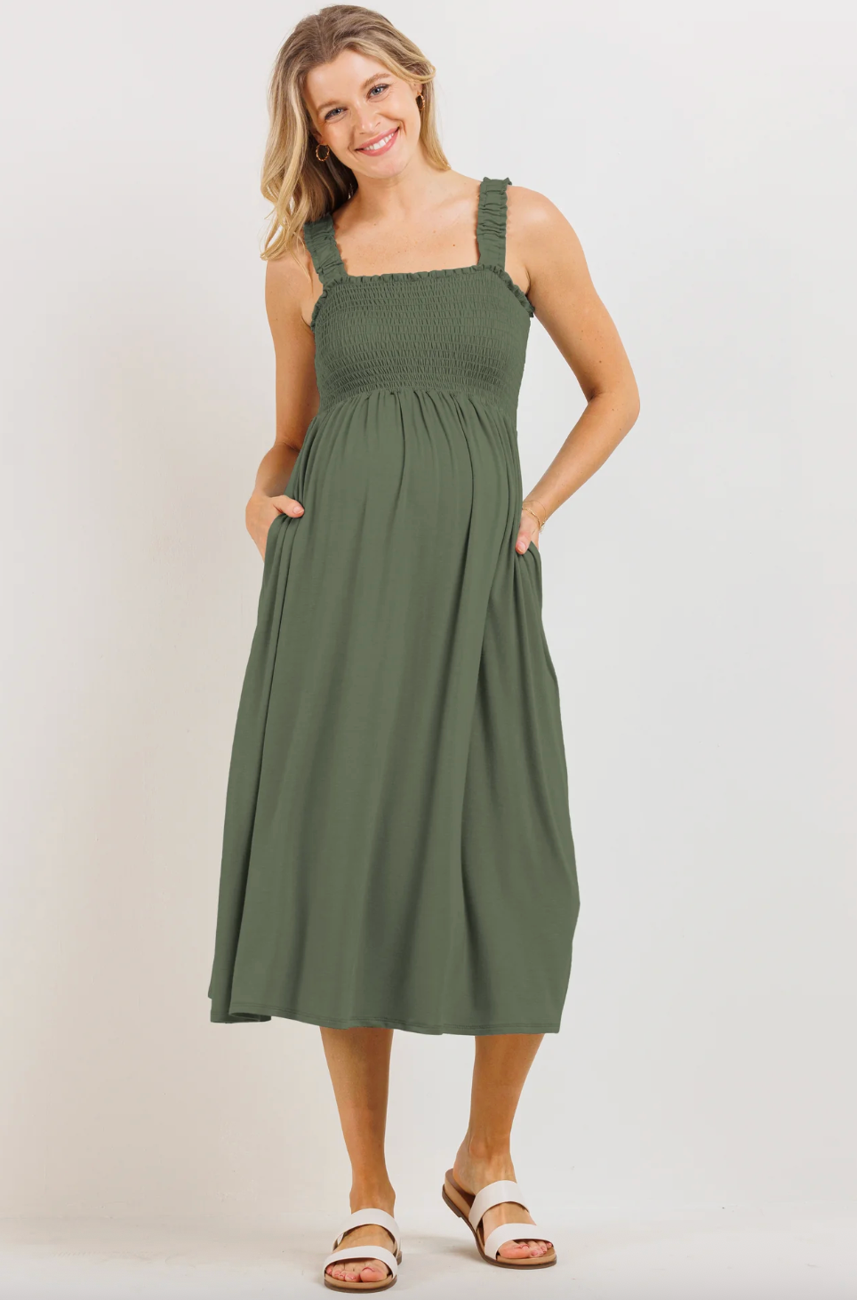Hello Miz Smocked Tube Midi Dress in Green/Grey | Sz Small (Maternity brand)