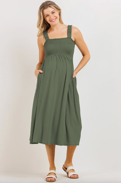 Hello Miz Smocked Tube Midi Dress in Green/Grey | Sz Small (Maternity brand)