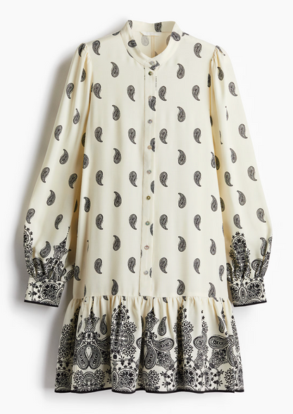 H&M Patterned Viscose Dress Cream/Black | Sz Large