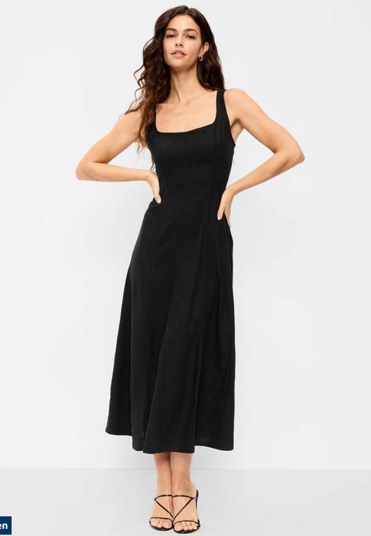 Old Navy Linen Blend Black Midi Dress | Sz Medium