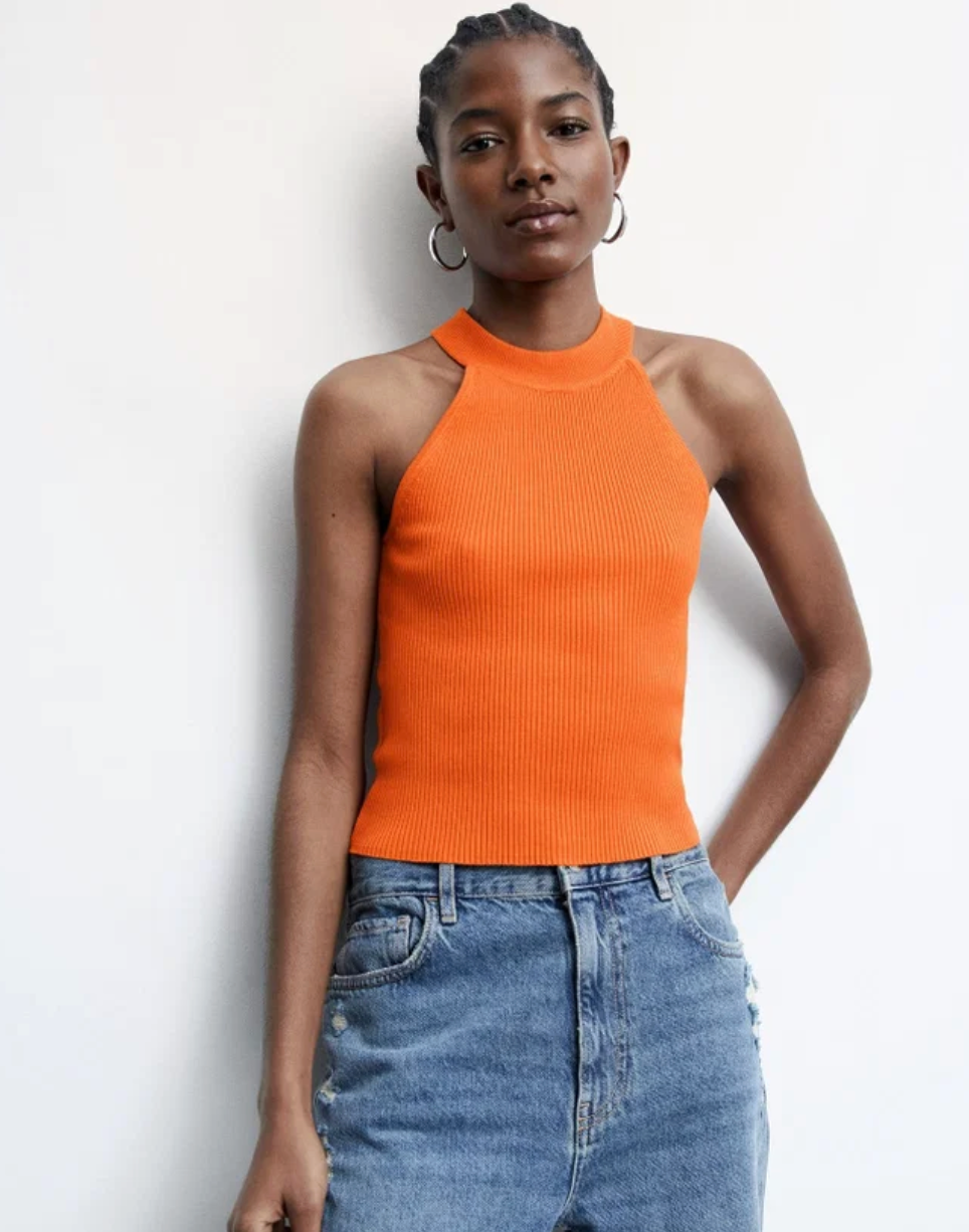 Mango Halter Neck Knitted Top in Bright Orange | Sz Large (may fit small)