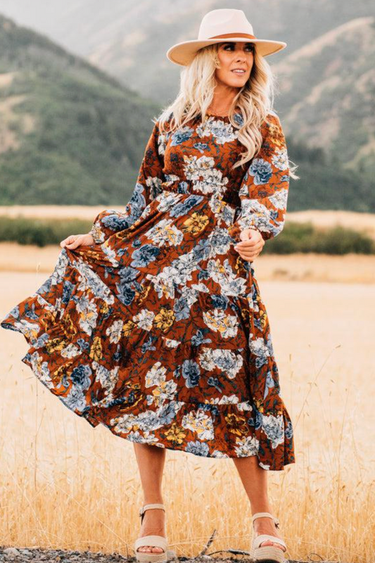 HLA Brown Floral Tiered Dress | Sz Small