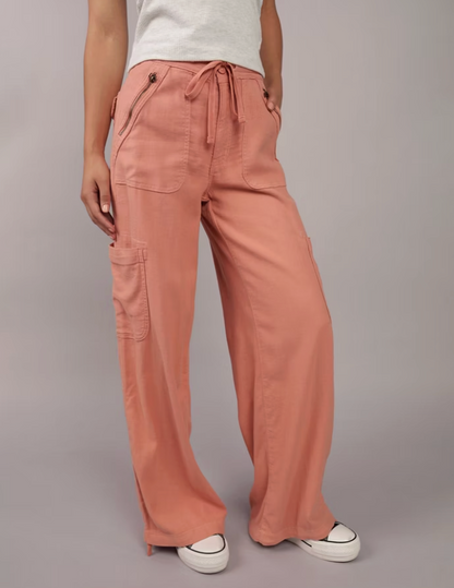 AE Dreamy Drape Linen-Blend Baggy Wide-Leg Cargo Pants | Sz 8