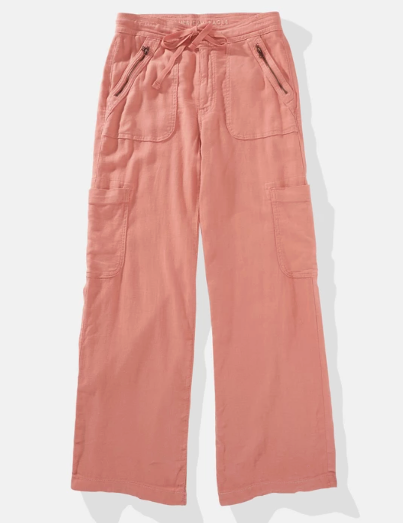 AE Dreamy Drape Linen-Blend Baggy Wide-Leg Cargo Pants | Sz 8