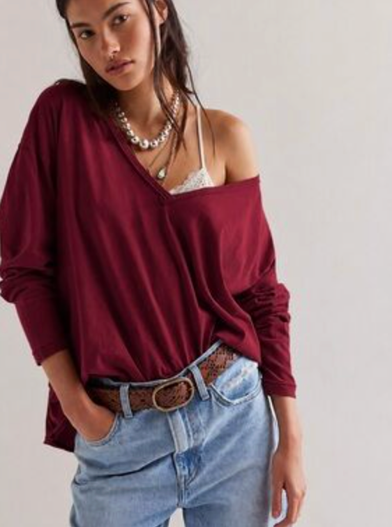 We the Free Soft Knit V-neck Merlot Top | Sz Small (fits oversized)