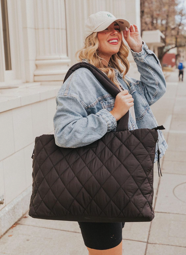 Poppy & Peonies Quilted Black Tote Bag