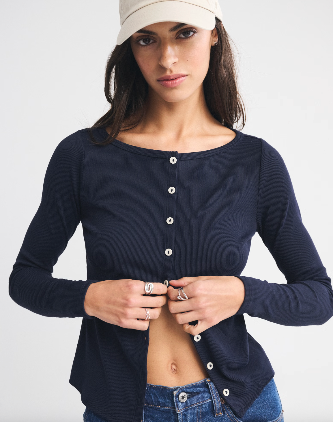 A&F Long-Sleeve Slash Button-Through Top in Navy | Sz Medium