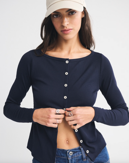 A&F Long-Sleeve Slash Button-Through Top in Navy | Sz Medium