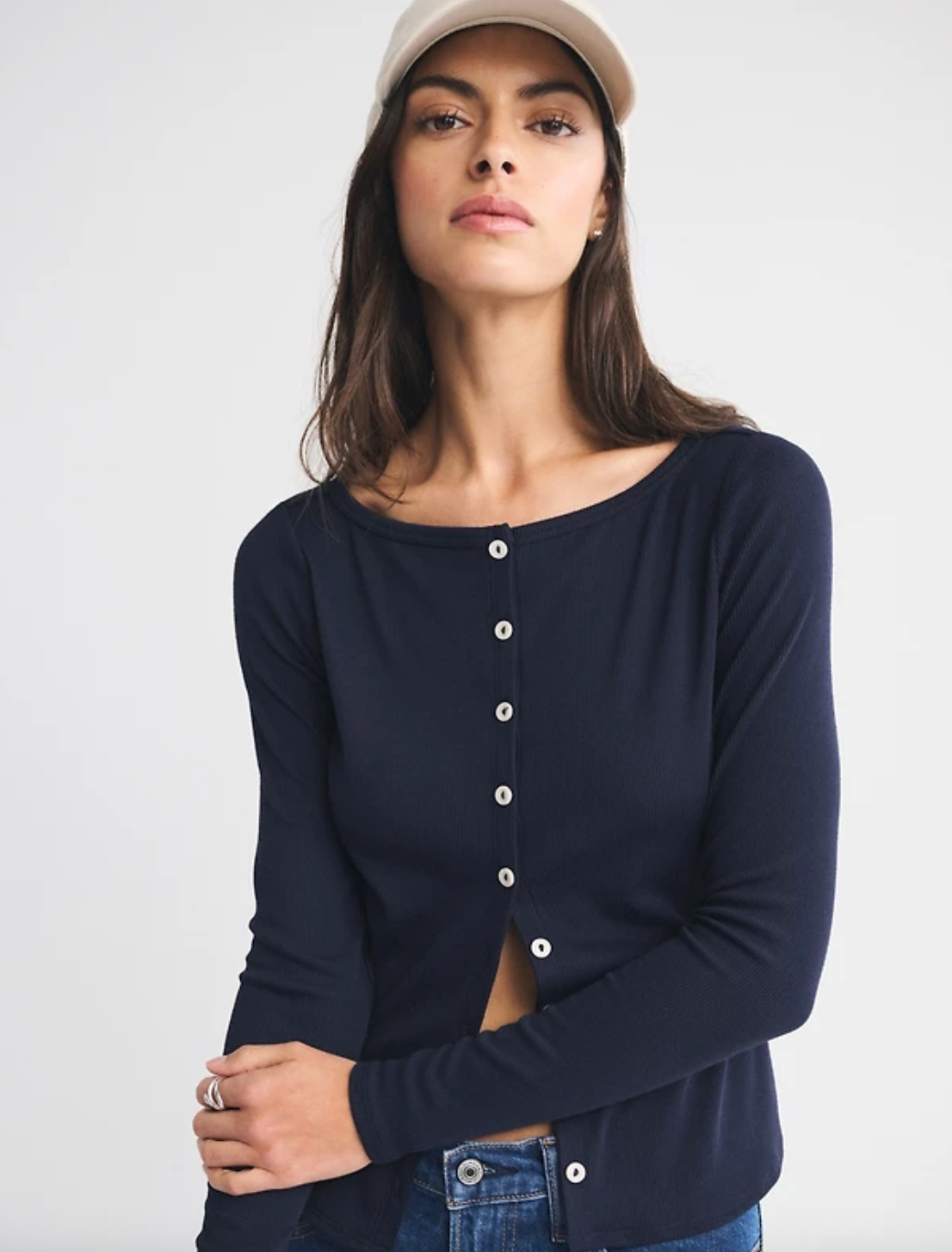 A&F Long-Sleeve Slash Button-Through Top in Navy | Sz Medium