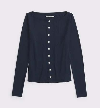 A&F Long-Sleeve Slash Button-Through Top in Navy | Sz Medium