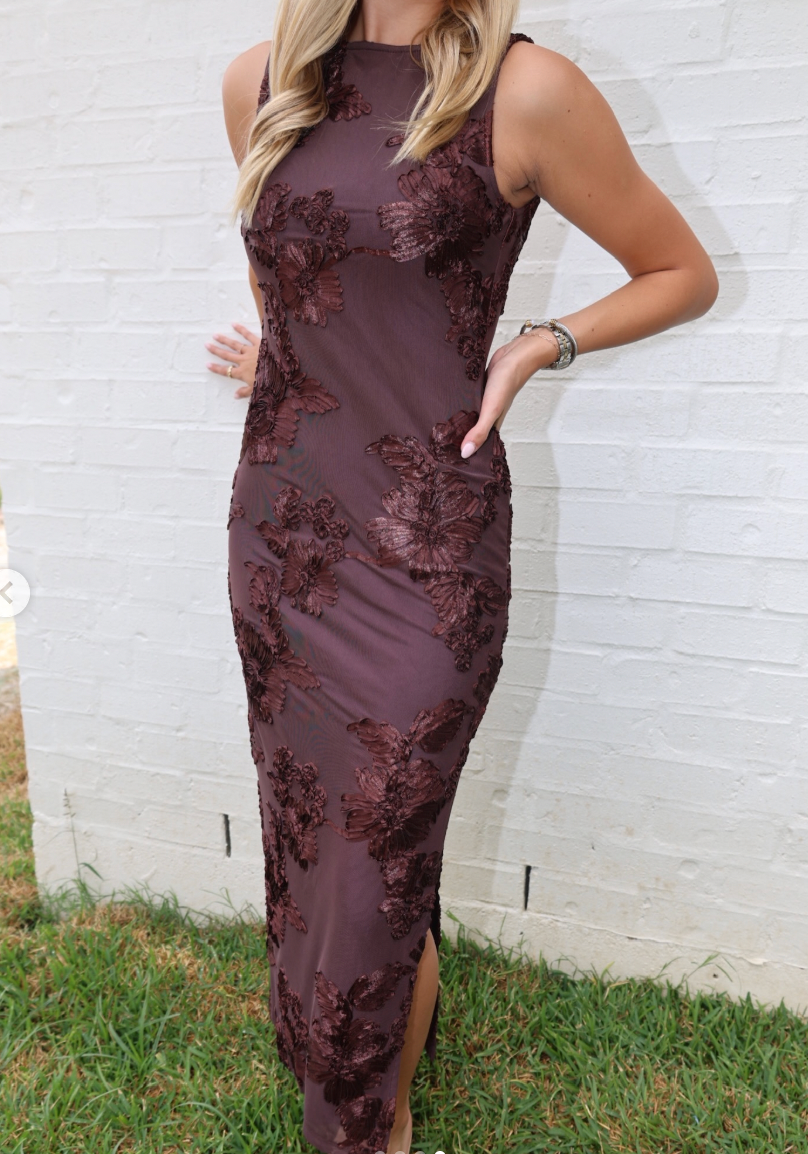 Brown Floral Applique Maxi Dress | Sz Small (approx)