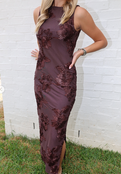 Brown Floral Applique Maxi Dress | Sz Small (approx)