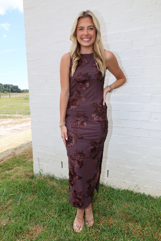 Brown Floral Applique Maxi Dress | Sz Small (approx)