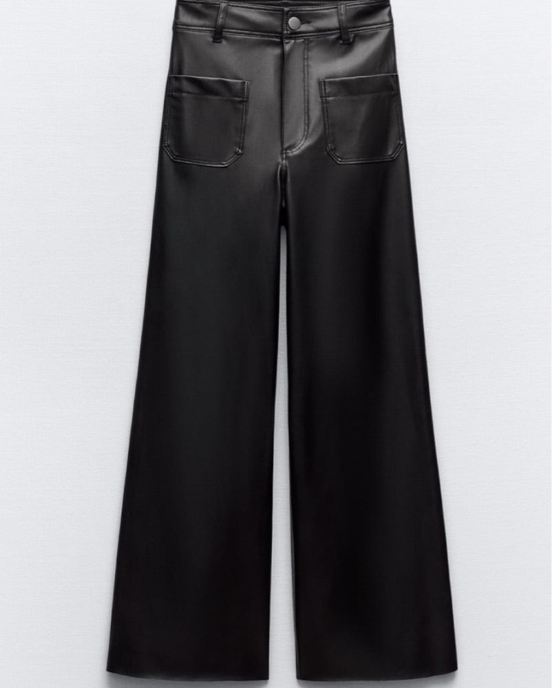 Zara Faux Leather Marine Wide Leg Pants | 6 (O33L4)